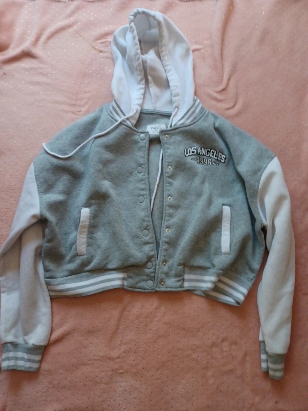 Rue21 Grey and White Hooded Varsity Jacket - Los Angeles Graphic